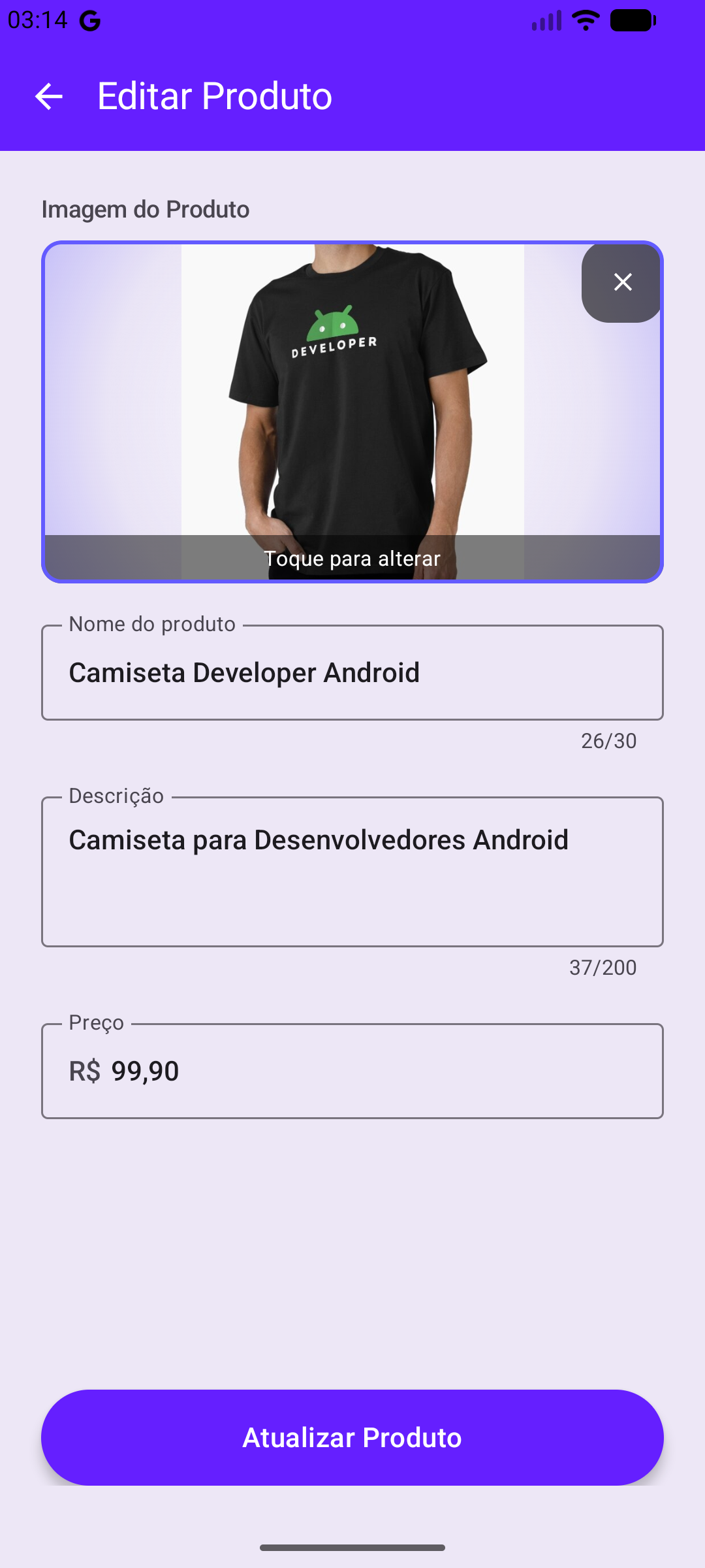 Tela de Formulário de Produto