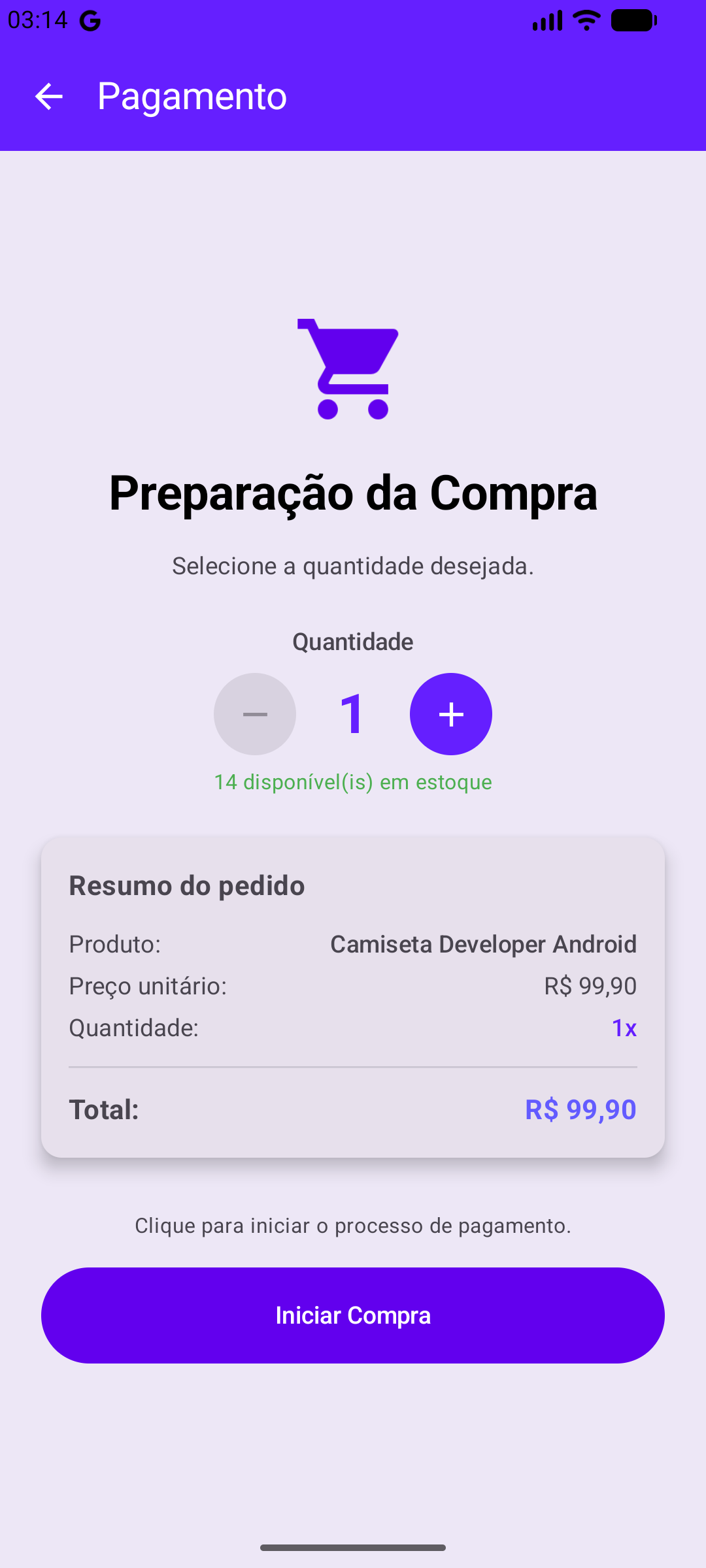 Tela de Preparação do Pagamento