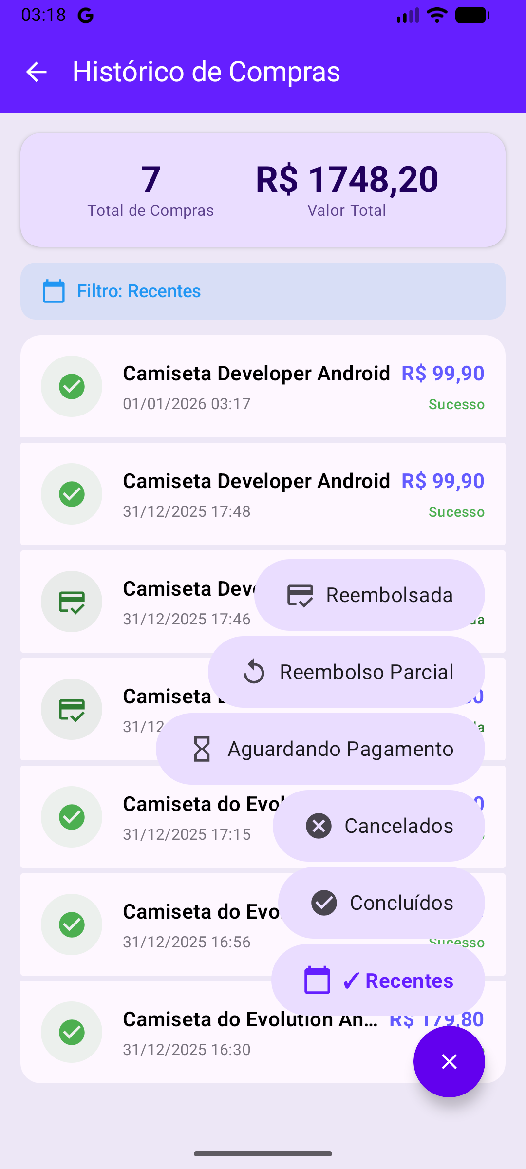 Tela de Histórico de Compras