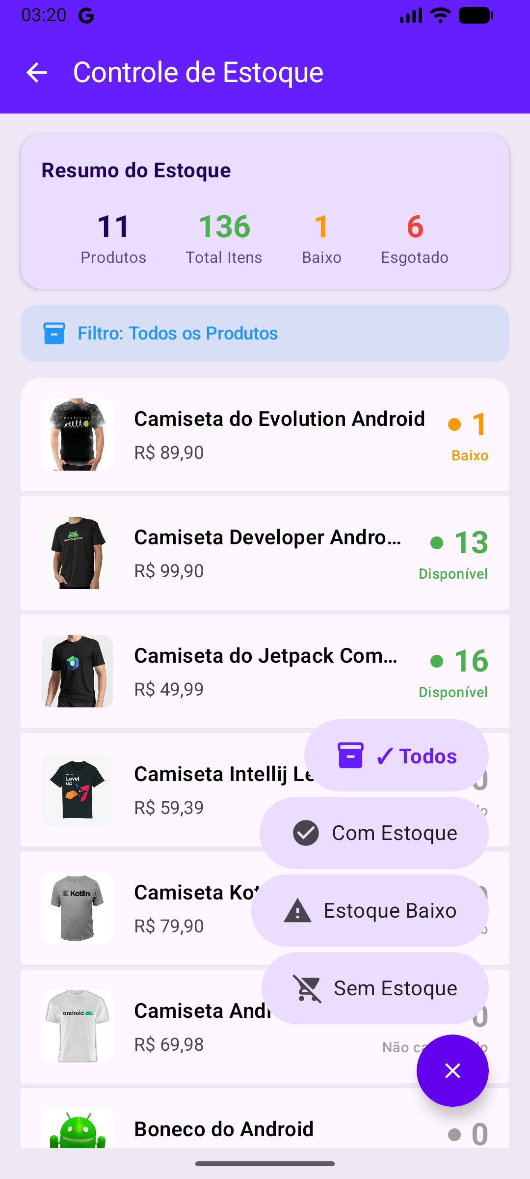 Tela de Controle de Estoque