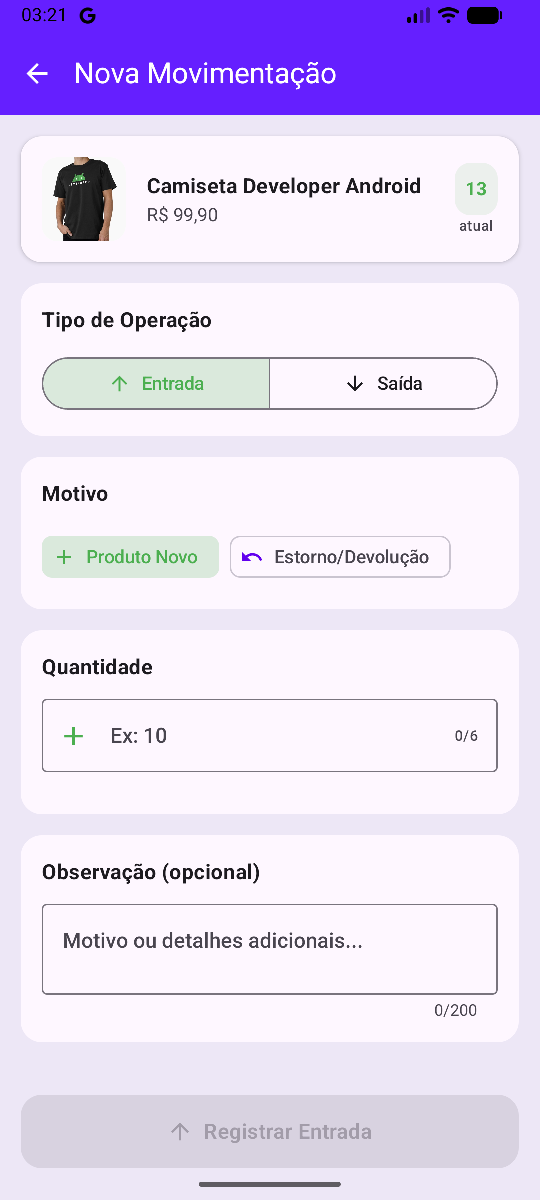 Tela de Formulário de Movimentações